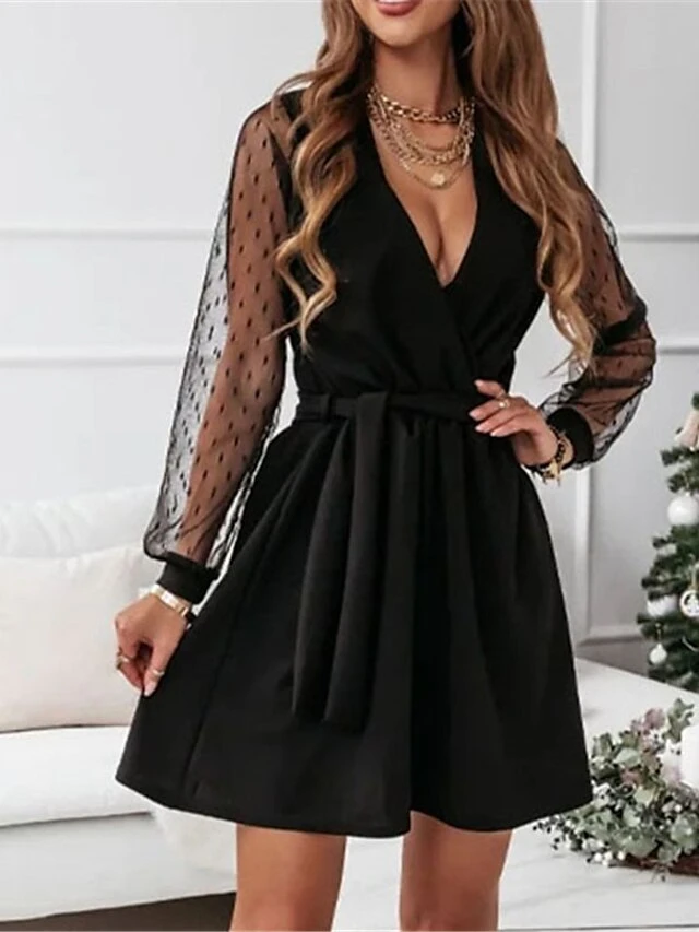 Women's Lace Dress Black Dress Plain Dress Mini Dress Patchwork With Belt Party Christmas Date Basic Elegant V Neck Long Sleeve Mesh Regular Fit Black Red Dark Green Color S M L XL XXL Size 7 Women's Lace Dress Black Dress Plain Dress Mini Dress Patchwork With Belt Party Christmas Date Basic Elegant V Neck Long Sleeve Mesh Regular Fit Black Red Dark Green Color S M L XL XXL Size - Image 7