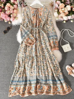 Women's Casual Dress Winter Dress Ethnic Dress Floral Tribal Lace Up Ruched Crew Neck Puff Sleeve Midi Dress Fashion Ethnic Outdoor Christmas Long Sleeve Loose Fit Red Khaki Dark Blue Fall Winter