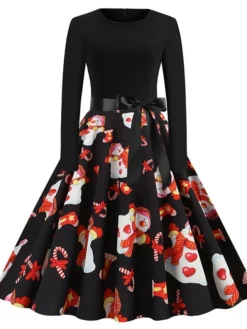 Women's Christmas Swing DressKnee Length Dress Black And White White Light Red Gold Red Long Sleeve Elk Snowman Bell Bow Print Fall Winter Round Neck Vintage Elegant 2022 S M L XL 2XL -Fashion Life Shop wcynbq1634125864232