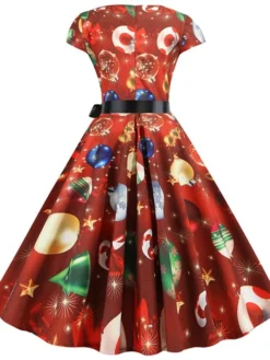 Women's Christmas Knee Length Dress Purple Wine Gray White Black Red Light Green Short Sleeve Print Bow Print Fall Winter Round Neck Casual Vintage2021 S M L XL XXL -Fashion Life Shop wdczxq1630046091611