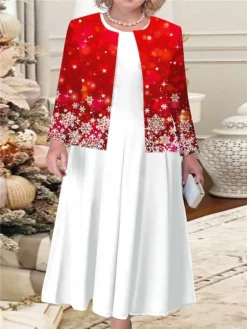 Women's Christmas Plus Size Curve Casual Dress Dress Set Two Piece Dress Snowflake Midi Dress Long Sleeve Print Crew Neck Fashion Outdoor Red Blue Fall Winter L XL XXL 3XL 4XL