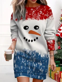 Women's Christmas Casual Dress Sweatshirt Dress Mini Dress Warm Fashion Outdoor Vacation Crew Neck Print Santa Claus Snowman Loose Fit ArmyGreen Red Navy Blue S M L XL XXL -Fashion Life Shop wdojno1695365301332
