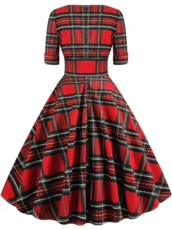 Women's Christmas Swing Dress Midi Dress Black Blue Red Short Sleeve Plaid Print Winter Fall Autumn V Neck 2022 S M L XL 2XL -Fashion Life Shop weixdg1667979774464