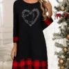 Women's Casual Dress Plaid Dress Winter Dress Heart Letter Patchwork Button Crew Neck Midi Dress Active Fashion Outdoor Christmas Long Sleeve Loose Fit Black And White Black White Fall Winter S M L