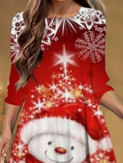 Women's Christmas Casual Dress Shift Dress Midi Dress Red 3/4 Length Sleeve Snowman Ruched Winter Fall Autumn Fashion Christmas Daily 2022 S M L XL XXL 3XL -Fashion Life Shop wfltfq1667815916725