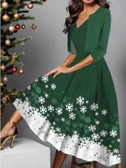 Women's Two Piece Dress Set Casual Dress Swing Dress Outdoor Christmas Fashion Elegant Print Midi Dress V Neck Half Sleeve Snowflake Regular Fit Wine Dark Green Green Fall Winter S M L XL XXL -Fashion Life Shop wgdskw1697181062580