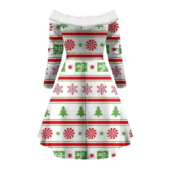 Women's Christmas Swing Dress Vintage Dress Mini Dress Green Light Green Wine Red Navy Blue White Long Sleeve Snowman Tree Snowflake Backless Feather Print Winter Fall Off Shoulder Vacation Stylish -Fashion Life Shop wgrbem1666597248660