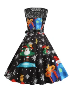 Women‘s Christmas Retro 1950s Vintage Dress Midi Dress Party Patchwork Bow Santa Claus Crew Neck Sleeveless Regular Fit Fall Winter 2023 Black White S M L XL -Fashion Life Shop whpejd1694501419848