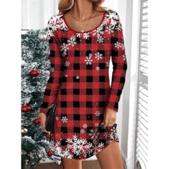 Women's Casual Dress Plaid Dress Christmas Dress Plaid Snowflake Print V Neck Mini Dress Fashion Streetwear Outdoor Christmas Long Sleeve Loose Fit Wine Blue Fall Winter S M L XL XXL