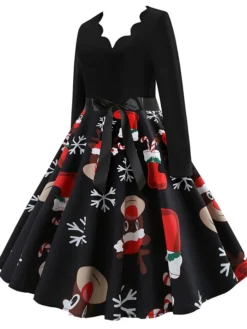 Women's Christmas Retro 1950s Vintage Dress Midi Dress Party Ruched Bow Fruit V Neck Long Sleeve Regular Fit Fall Winter 2023 Deep Green Black S M L XL -Fashion Life Shop wirrud1695363818280