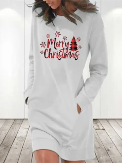 Women‘s Christmas Hoodie Dress Winter Dress Light Blue Grey White Long Sleeve Letter Tree Snowflake Pocket Print Winter Fall Crew Neck Stylish Casual 2022 S M L XL 2XL / Cotton -Fashion Life Shop wiusyu1666603408854