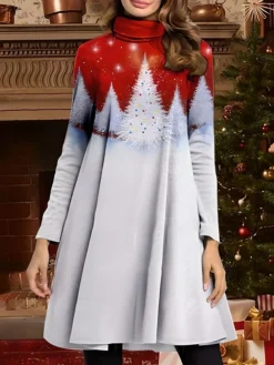 Women's Casual Dress Winter Dress Swing Dress Christmas Tree Print Turtleneck Mini Dress Fashion Modern Outdoor Christmas Long Sleeve Regular Fit Red Fall Winter S M L XL XXL