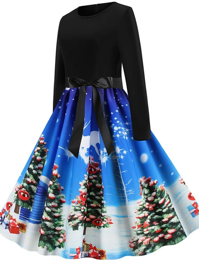 Women's Christmas Knee Length Dress Blue Purple Wine Gray Green Black Red Light Blue Long Sleeve Print Bow Print Fall Winter Round Neck Casual Vintage2021 S M L XL XXL 3 Women's Christmas Knee Length Dress Blue Purple Wine Gray Green Black Red Light Blue Long Sleeve Print Bow Print Fall Winter Round Neck Casual Vintage2021 S M L XL XXL - Image 3