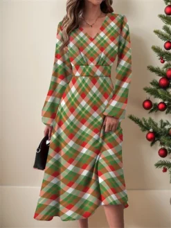 Women's Casual Dress Christmas Dress Swing Dress Plaid Print V Neck Midi Dress Fashion Streetwear Outdoor Christmas Long Sleeve Regular Fit Green Fall Winter S M L XL XXL