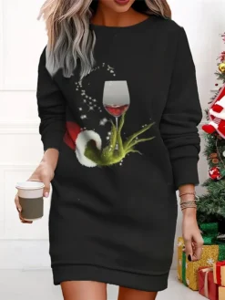 Women's Christmas Casual Dress Sweatshirt Dress Mini Dress Warm Fashion Outdoor Vacation Crew Neck Print Geometric Christmas Tree Christmas Hat Loose Fit ArmyGreen Black Wine S M L XL XXL -Fashion Life Shop wngkhy1695365591434