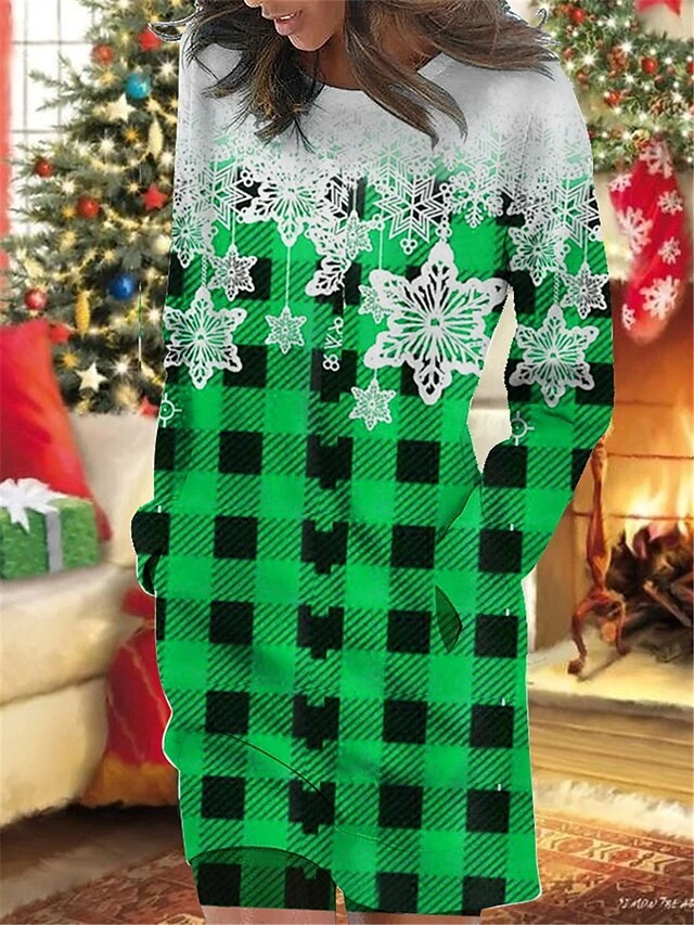 Women's Christmas Casual Dress Sweatshirt Dress Mini Dress Warm Fashion OutdoorHoliday Crew Neck Pocket Print Geometric Loose Fit Wine Blue Green S M L XL XXL 3 Women's Christmas Casual Dress Sweatshirt Dress Mini Dress Warm Fashion OutdoorHoliday Crew Neck Pocket Print Geometric Loose Fit Wine Blue Green S M L XL XXL - Image 3