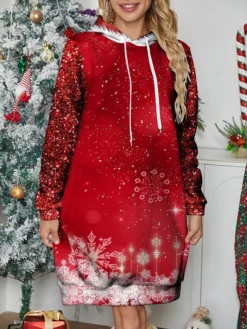 Women's Christmas Dress Casual Dress Mini Dress Warm Fashion Outdoor Christmas Holiday Hoodie Print Snowflake Loose Fit Wine S M L XL XXL