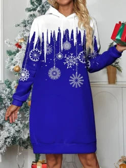 Women's Casual Dress Hoodie Dress Mini Dress Warm Fashion Outdoor Christmas Holiday Hoodie Print Snowflake Loose Fit Red Navy Blue Blue S M L XL XXL -Fashion Life Shop wofgzl1696733285707