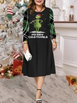 Women's Christmas Plus Size Curve Casual Dress Skater Dress A Line Dress Plaid Santa Claus Midi Dress Long Sleeve Print Crew Neck Fashion Outdoor Black Wine Fall Winter L XL XXL 3XL 4XL -Fashion Life Shop wolwqr1697705852618