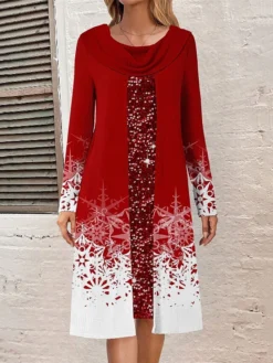 Women's Casual Dress Christmas Dress Winter Dress Snowflake Patchwork Fake Two Piece Cowl Neck Midi Dress Fashion Streetwear Outdoor Christmas Long Sleeve Loose Fit Wine Fall Winter S M L XL XXL
