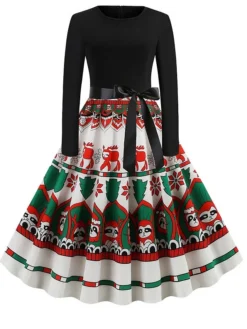 Women's Christmas Retro 1950s Vintage Dress Midi Dress Party Ruched Bow Christmas Tree Crew Neck Long Sleeve Regular Fit Fall Winter 2023 Black S M L XL