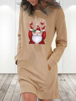 Women's Christmas Hoodie Dress Winter Dress Light Blue Grey White Long Sleeve Letter Santa Claus Pocket Print Winter Fall Crew Neck Stylish Casual Fall Dress Loose Fit 2022 S M L XL 2XL / Cotton -Fashion Life Shop woxaqg1668085399030