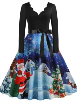 Women's Christmas Casual Dress Swing Dress Midi Dress Blue Purple Royal Blue Light Blue White Long Sleeve Santa Claus Elk Tree Bow Print Winter Fall V Neck Vacation Vintage 2022 S M L XL -Fashion Life Shop wrgbrg1666927314974