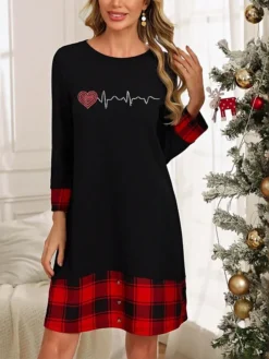 Women's Casual Dress Plaid Dress Winter Dress Heart Abstract Patchwork Button Crew Neck Midi Dress Active Fashion Outdoor Christmas Long Sleeve Loose Fit Black And White Black White Fall Winter S M L -Fashion Life Shop wrnpxx1697191208693