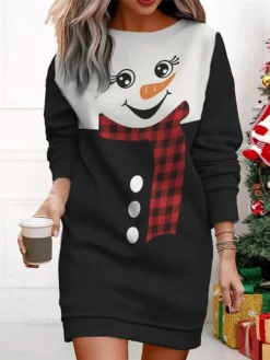 Women's Christmas Casual Dress Sweatshirt Dress Mini Dress Warm Fashion Outdoor Vacation Crew Neck Print Santa Claus Snowman Loose Fit Black White Wine S M L XL XXL -Fashion Life Shop wrukwd1695365433336