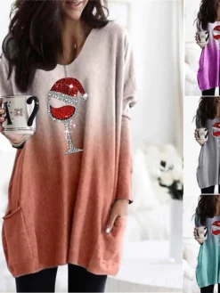 Women's Christmas Casual Dress Shift DressShort Mini Dress Blue Purple Orange Gray Long Sleeve Geometric Snowflake Hat Patchwork Pocket Print Fall Winter V Neck Casual Batwing Sleeve Belt