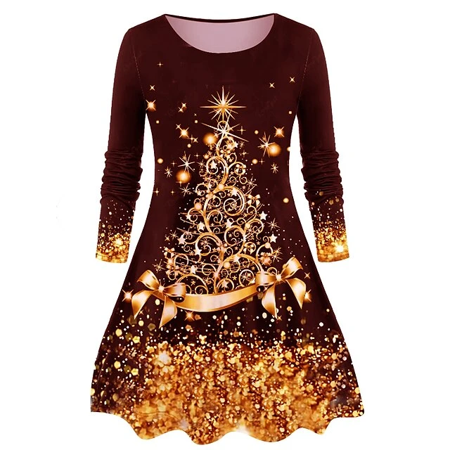 Women's Casual Dress Christmas Dress T Shirt Dress Tee Dress Christmas Tree Pocket Print Crew Neck Midi Dress Fashion Streetwear Outdoor Christmas Long Sleeve Regular Fit Burgundy Purple Gold Fall 2 Women's Casual Dress Christmas Dress T Shirt Dress Tee Dress Christmas Tree Pocket Print Crew Neck Midi Dress Fashion Streetwear Outdoor Christmas Long Sleeve Regular Fit Burgundy Purple Gold Fall - Image 2