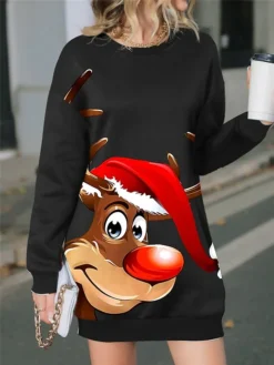 Women's Casual Dress Christmas Dress Sweatshirt Dress Deer Print Crew Neck Mini Dress Fashion Streetwear Outdoor Christmas Long Sleeve Loose Fit Black Fall Winter S M L XL XXL