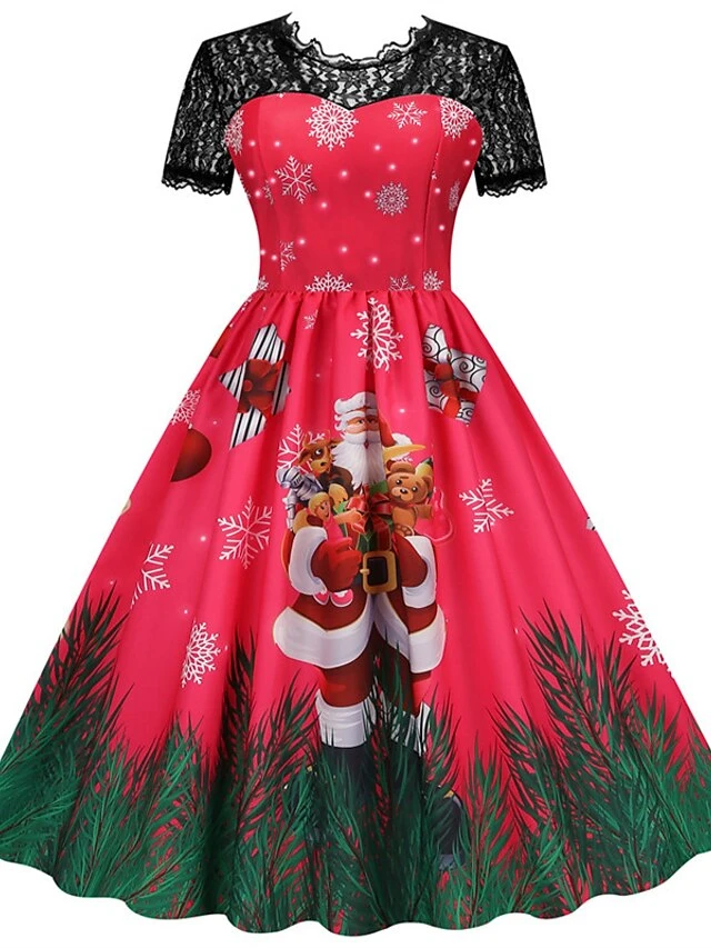 Women's Christmas Swing Dress Vintage DressKnee Length Dress Green Wine Dark Green Fuchsia Red Black Short Sleeve Santa Claus Snowman Snowflake Lace Print Fall Winter V Neck Vacation Vintage 2022 S 17 Women's Christmas Swing Dress Vintage DressKnee Length Dress Green Wine Dark Green Fuchsia Red Black Short Sleeve Santa Claus Snowman Snowflake Lace Print Fall Winter V Neck Vacation Vintage 2022 S - Image 17
