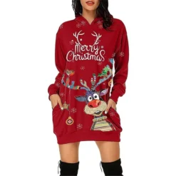 Women's Christmas Shift DressShort Mini DressShort Mini Dress Red Black Long Sleeve Letter Elk Snowflake Pocket Print Fall Winter Hooded Fashion Modern Loose Fit 2022 S M L XL XXL 3XL -Fashion Life Shop wszmnv1663667039782