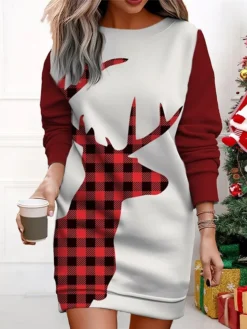 Women's Christmas Casual Dress Sweatshirt Dress Mini Dress Warm Fashion Outdoor Vacation Crew Neck Print Santa Claus Christmas Tree Loose Fit ArmyGreen Wine Rusty Red S M L XL XXL -Fashion Life Shop wtbbch1695365436888