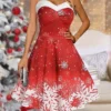 Women's Casual Dress Christmas Dress Winter Dress Snowflake Print Strap Midi Dress Fashion Streetwear Outdoor Christmas Sleeveless Regular Fit Wine Fall Winter S M L XL XXL
