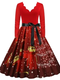 Women's Christmas Party Dress Swing DressKnee Length Dress Green Purple Wine Red Black Long Sleeve Santa Claus Elk Snowman Print Fall Winter V Neck Vintage Party Elegant Party 2022 S M L XL XXL 3XL -Fashion Life Shop wvdmbh1667874477409