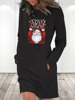Women's Christmas Hoodie Dress Winter Dress Light Blue Grey White Long Sleeve Letter Santa Claus Pocket Print Winter Fall Crew Neck Stylish Casual Fall Dress Loose Fit 2022 S M L XL 2XL / Cotton -Fashion Life Shop wvkmng1668085396974