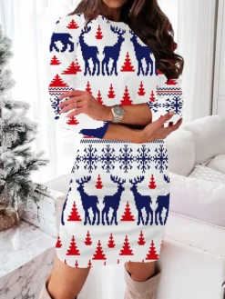 Women's Christmas Casual Dress Sheath Dress Mini Dress Green Red White Long Sleeve Elk Print Snowflake Patchwork Print Winter Fall Crew Neck Casual Classic Daily 2022 S M L XL 2XL 3XL 4XL 5XL 6XL -Fashion Life Shop wvmrzt1667383768638