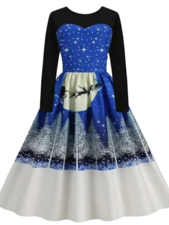 Women's Christmas Swing Dress Vintage DressKnee Length Dress Blue Royal Blue Light Blue Black Long Sleeve Santa Claus Elk Snowman Print Fall Winter Crew Neck Vacation Vintage 2022 S M L XL XXL 3XL