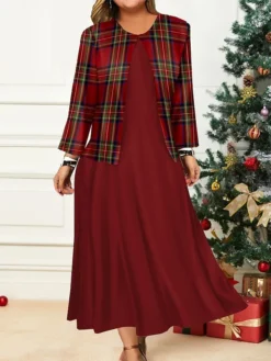 Women's Christmas Plus Size Curve Casual Dress Dress Set Two Piece Dress Plaid Midi Dress Long Sleeve Print Crew Neck Fashion Outdoor Wine Blue Fall Winter L XL XXL 3XL 4XL