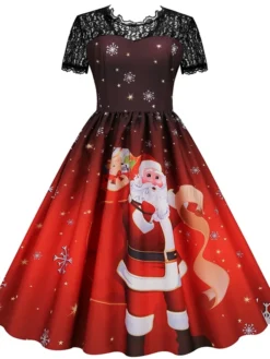 Women's Christmas Casual Dress Swing Dress Midi Dress Green Wine Light Red Fuchsia Red Black Short Sleeve Santa Claus Snowman Snowflake Lace Print Winter Fall Crew Neck Vacation Vintage 2022 S M L XL -Fashion Life Shop wxfvns1666761923757