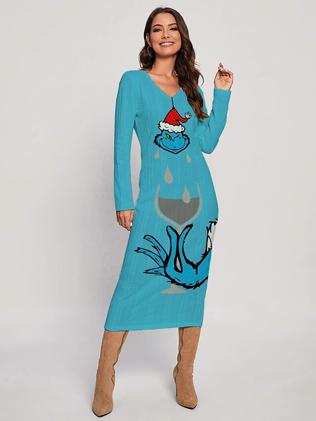 Women's Christmas Dress Sweater Dress Jumper Dress Midi Dress Ugly Print Outdoor Christmas Daily Holiday V Neck Long Sleeve 2023 Regular Fit Red Royal Blue Blue S M L XL XXL 3XL 4 Women's Christmas Dress Sweater Dress Jumper Dress Midi Dress Ugly Print Outdoor Christmas Daily Holiday V Neck Long Sleeve 2023 Regular Fit Red Royal Blue Blue S M L XL XXL 3XL - Image 4