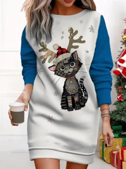 Women's Christmas Casual Dress Sweatshirt Dress Mini Dress Warm Fashion OutdoorVacation Crew Neck Print Animal Loose Fit Black Yellow Red S M L XL XXL -Fashion Life Shop wymbvt1695365432882