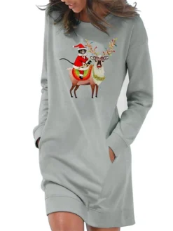 Women‘s Christmas Hoodie Dress Winter Dress Light Blue Grey White Long Sleeve Santa Claus Elk Pocket Print Winter Fall Crew Neck Stylish Casual 2022 S M L XL 2XL / Cotton -Fashion Life Shop wymnwq1666692065664