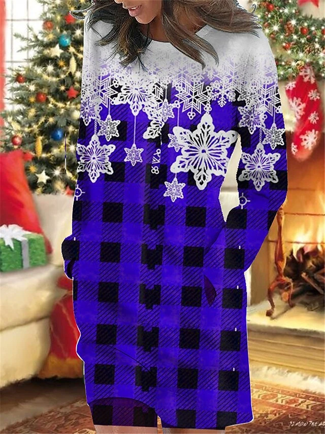 Women's Christmas Casual Dress Sweatshirt Dress Mini Dress Warm Fashion OutdoorHoliday Crew Neck Pocket Print Geometric Loose Fit Wine Blue Green S M L XL XXL 2 Women's Christmas Casual Dress Sweatshirt Dress Mini Dress Warm Fashion OutdoorHoliday Crew Neck Pocket Print Geometric Loose Fit Wine Blue Green S M L XL XXL - Image 2