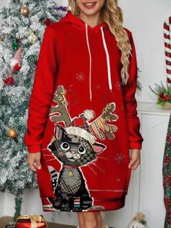 Women's Christmas Dress Hoodie Dress Mini Dress Warm Fashion Outdoor Christmas Holiday Hoodie Print Cat Reindeer Deer Loose Fit Burgundy S M L XL XXL