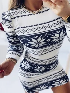 Women's Casual Dress Christmas Dress Sheath Dress Christmas Tree Snowflake Print Crew Neck Mini Dress Active Fashion Outdoor Christmas Long Sleeve Regular Fit Black White Red Fall S M L XL XXL -Fashion Life Shop wysszf1695022322075