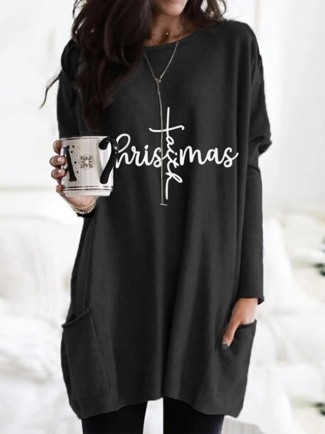 Women's Christmas Casual Dress T Shirt Dress Tee Dress Shift Dress Mini Dress Green Wine Dark Gray Long Sleeve Letter Pocket Winter Fall Autumn Crew Neck Fashion Daily Date Loose Fit 2022 XXS XS S M 4 Women's Christmas Casual Dress T Shirt Dress Tee Dress Shift Dress Mini Dress Green Wine Dark Gray Long Sleeve Letter Pocket Winter Fall Autumn Crew Neck Fashion Daily Date Loose Fit 2022 XXS XS S M - Image 4