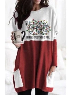 Women's Christmas Casual Dress T Shirt Dress Tee Dress Shift Dress Mini Dress Green Red Long Sleeve Letter Pocket Winter Fall Autumn Crew Neck Stylish 2022 S M L XL 2XL 3XL 4XL 5XL